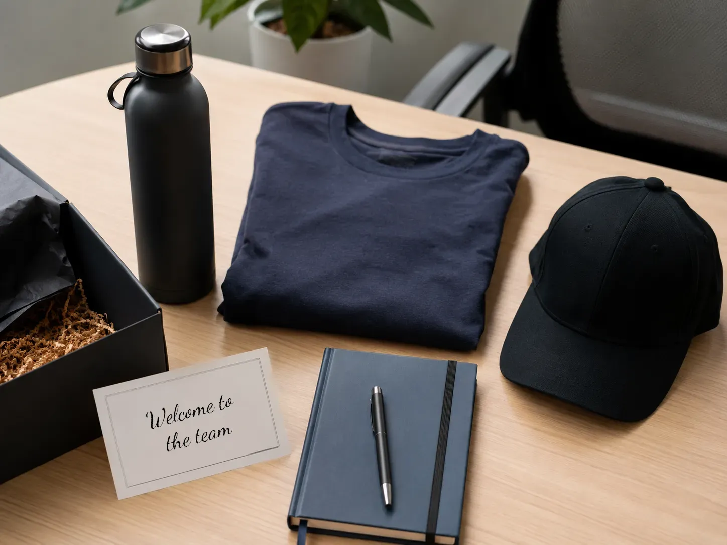Branded new-hire welcome pack with reusable bottle, notebook, pen and cap arranged on a desk