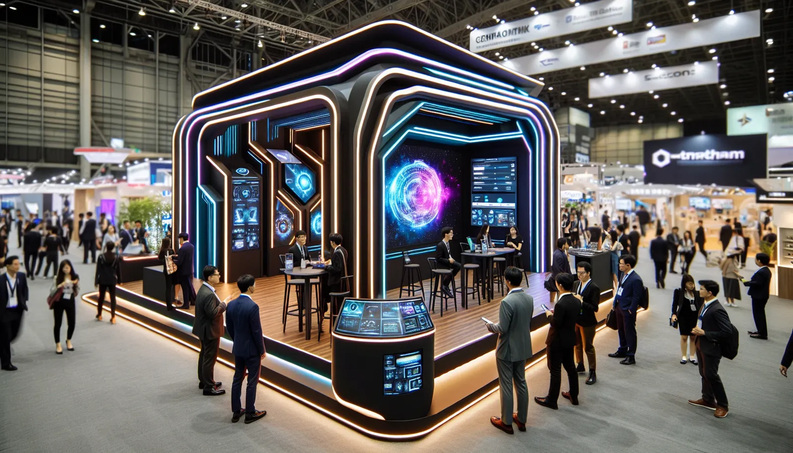 Promotional merchandise booth at a trade show targeting specific audiences