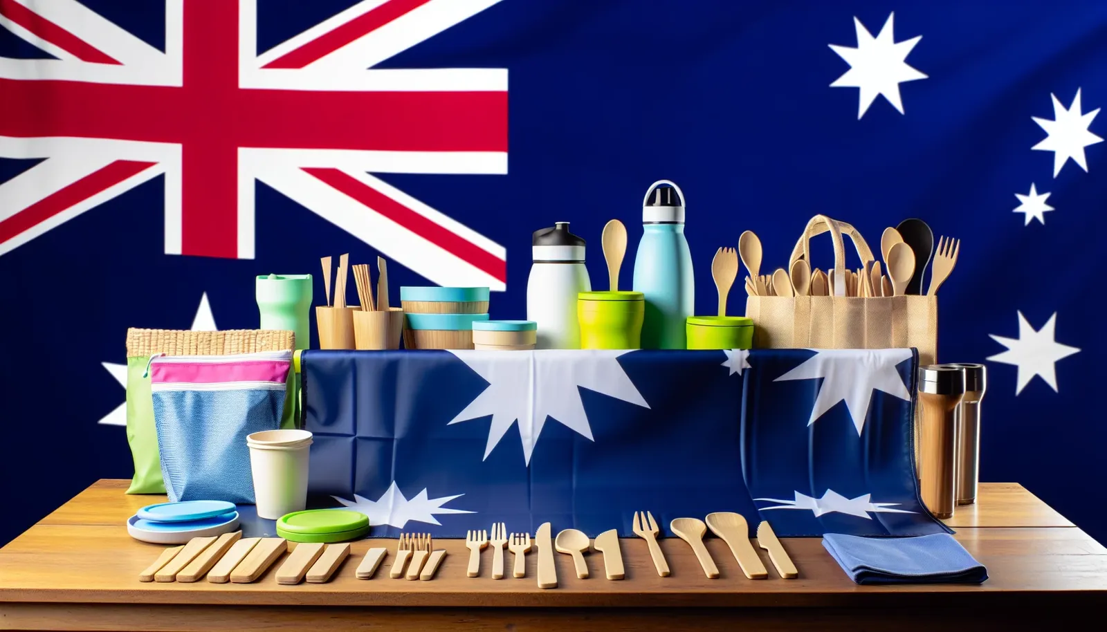 Eco-friendly promotional products with Australian flag in the background